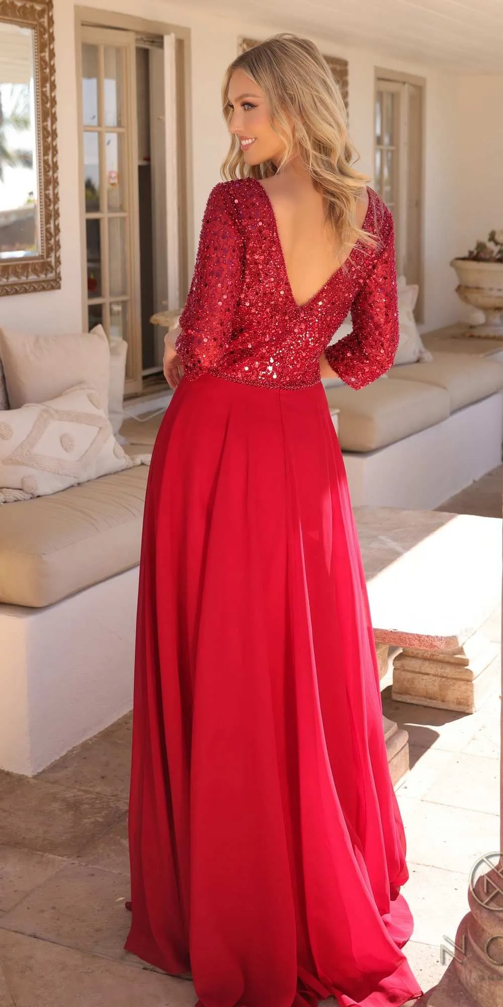 Nox Anabel MF103 Long Sequin Bodice 3/4 Sleeve A-line Gown