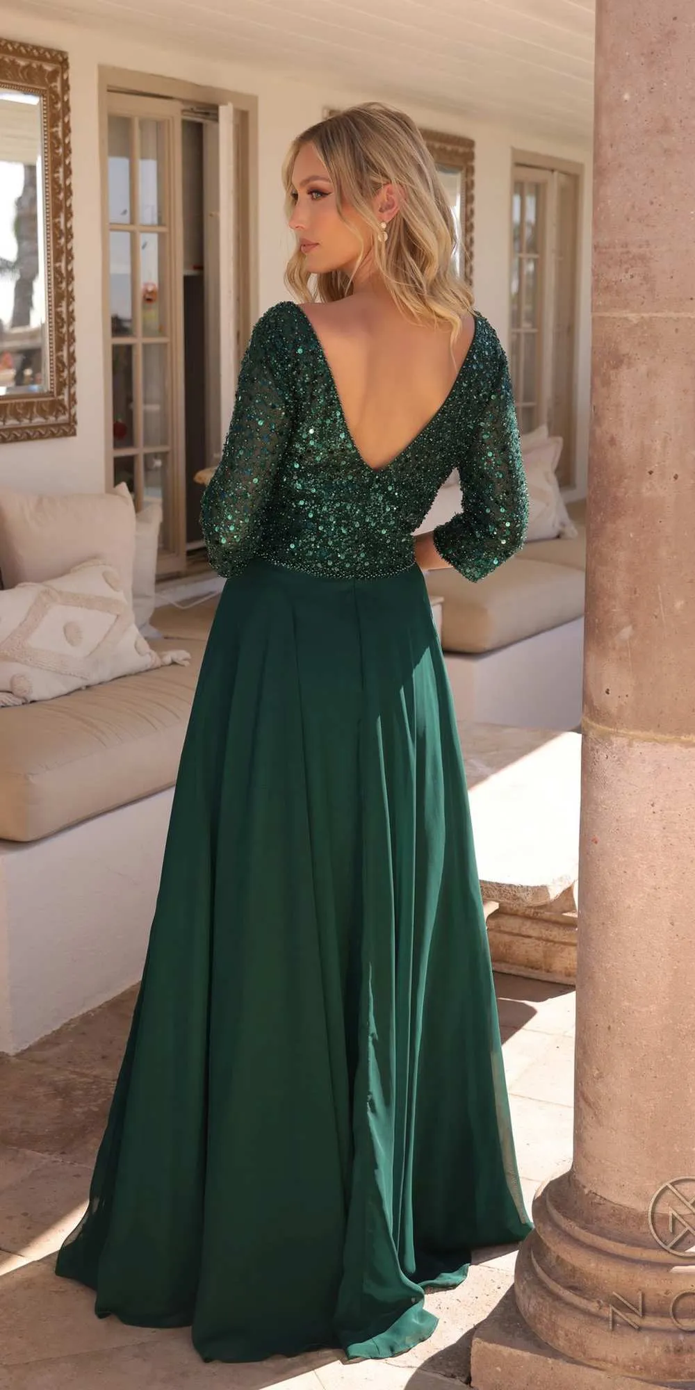 Nox Anabel MF103 Long Sequin Bodice 3/4 Sleeve A-line Gown