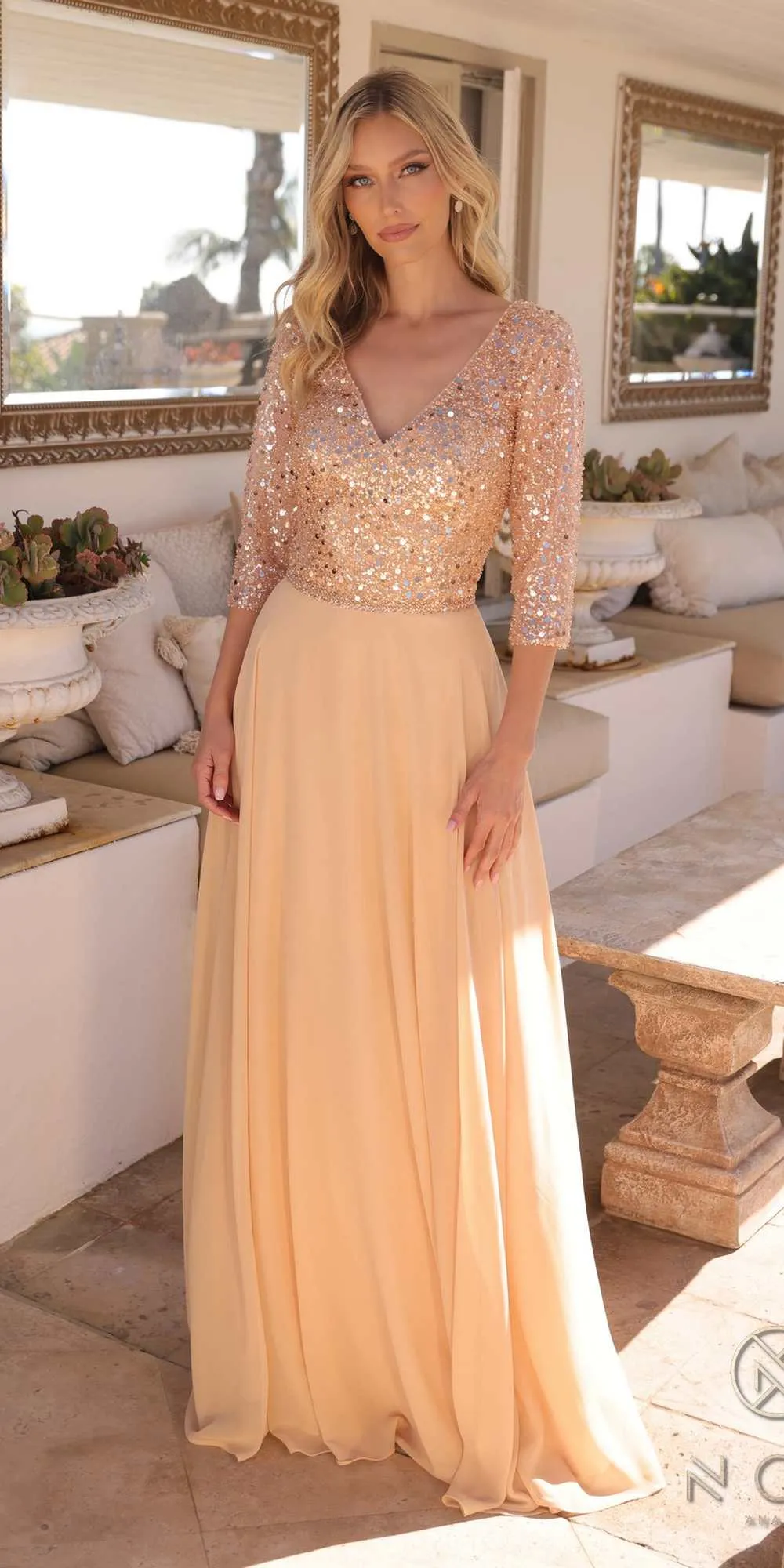 Nox Anabel MF103 Long Sequin Bodice 3/4 Sleeve A-line Gown