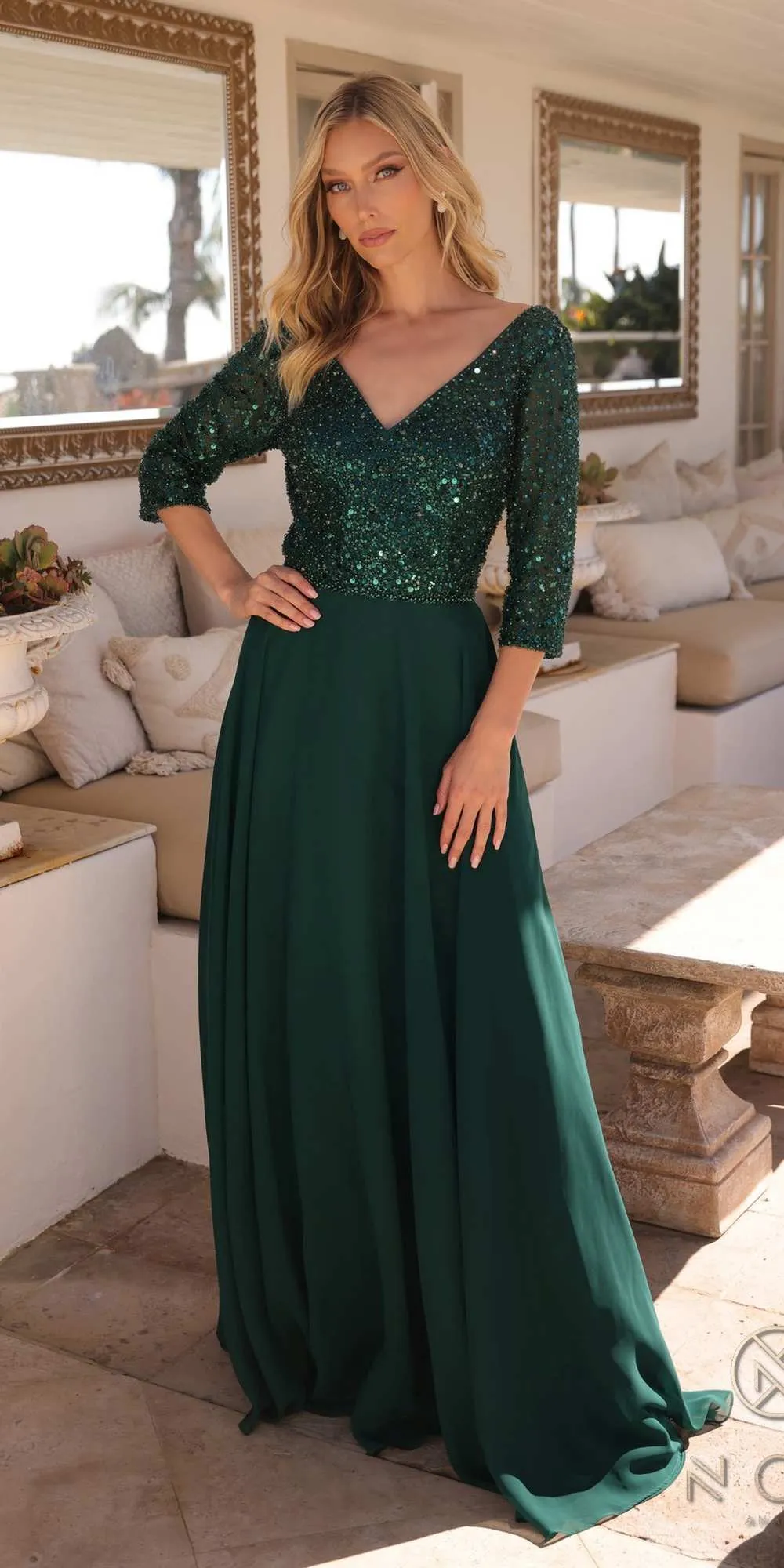 Nox Anabel MF103 Long Sequin Bodice 3/4 Sleeve A-line Gown