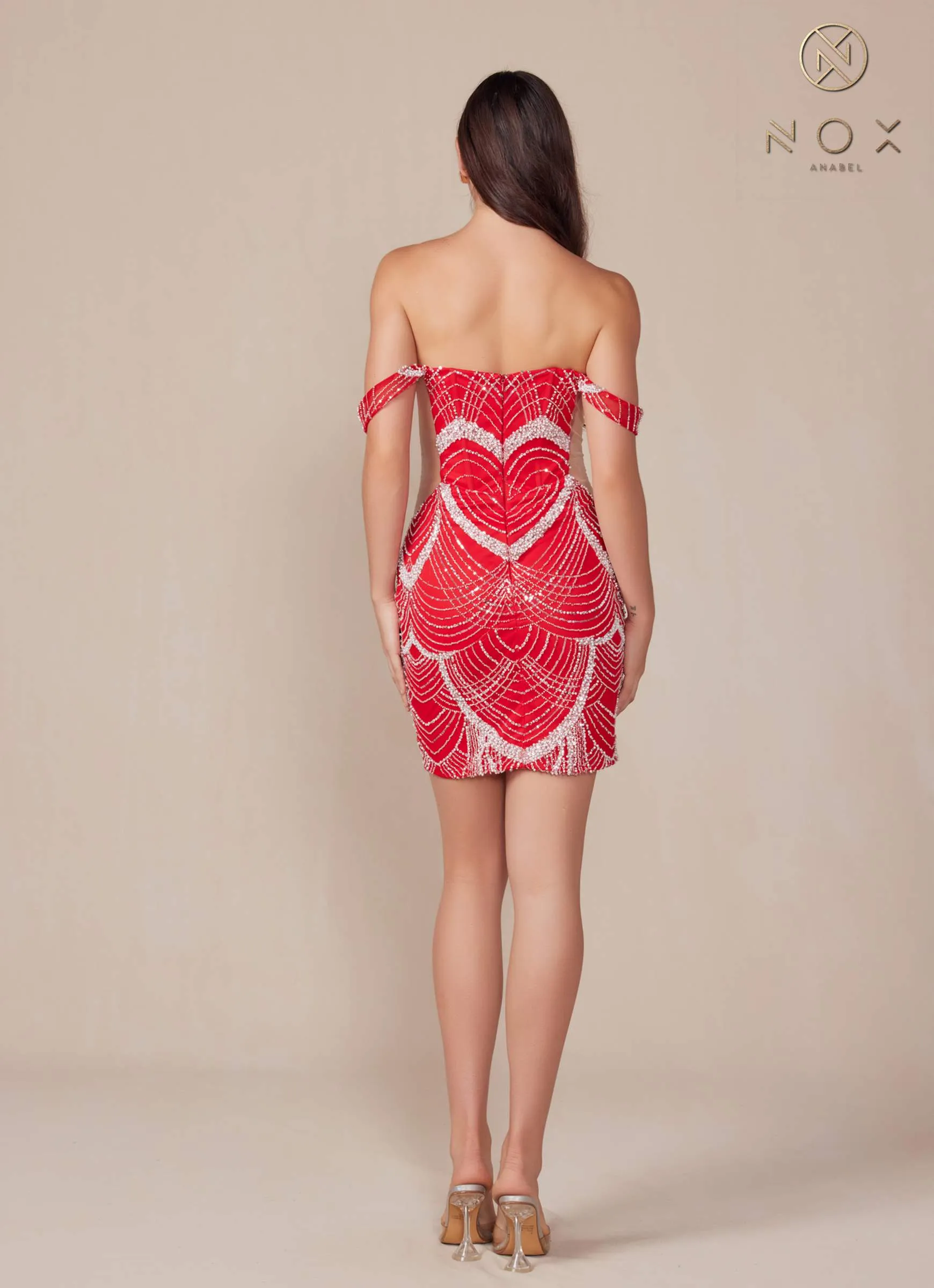 Nox Anabel Q839 Short Off the Shoulder Beaded Cocktail Dress