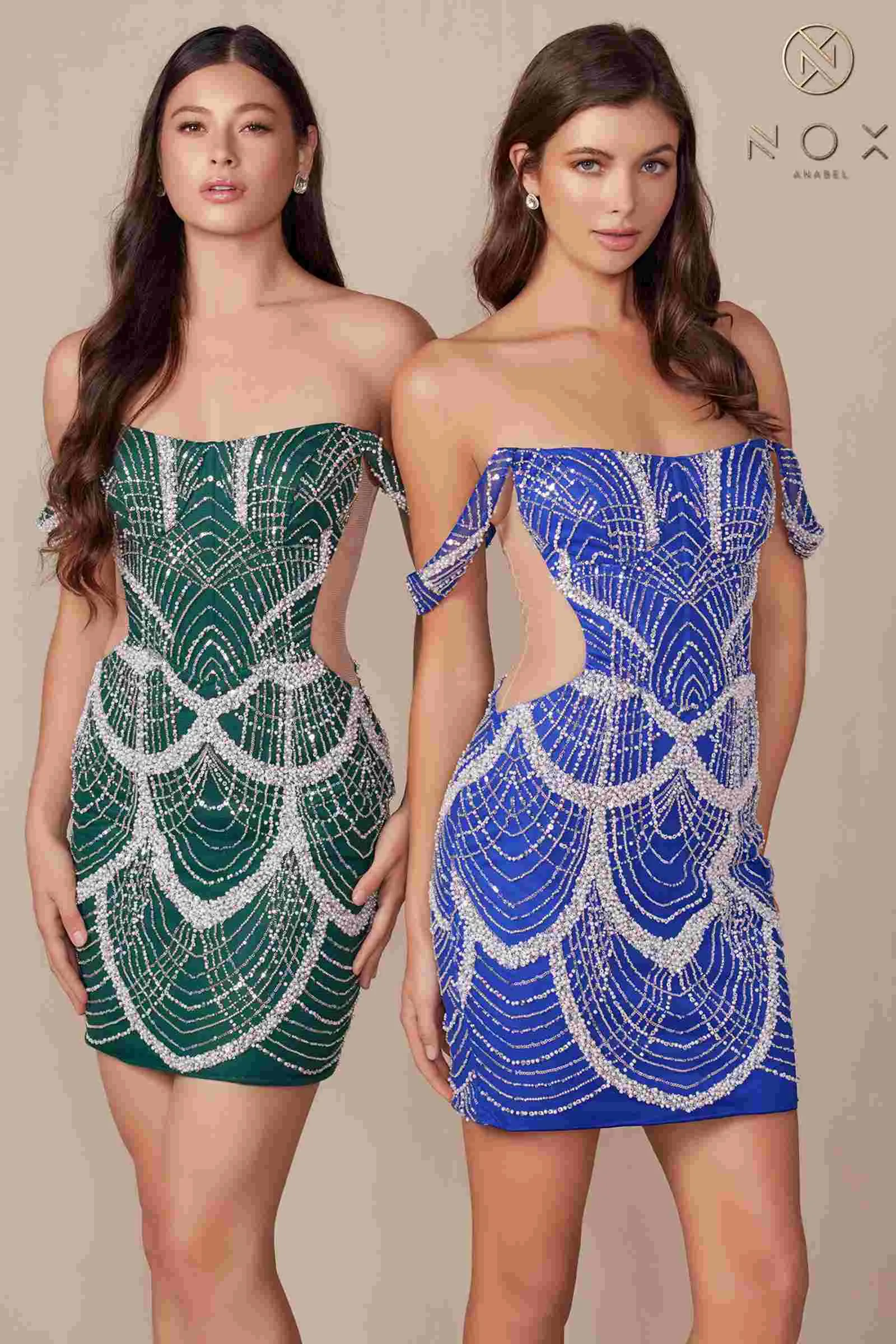 Nox Anabel Q839 Short Off the Shoulder Beaded Cocktail Dress