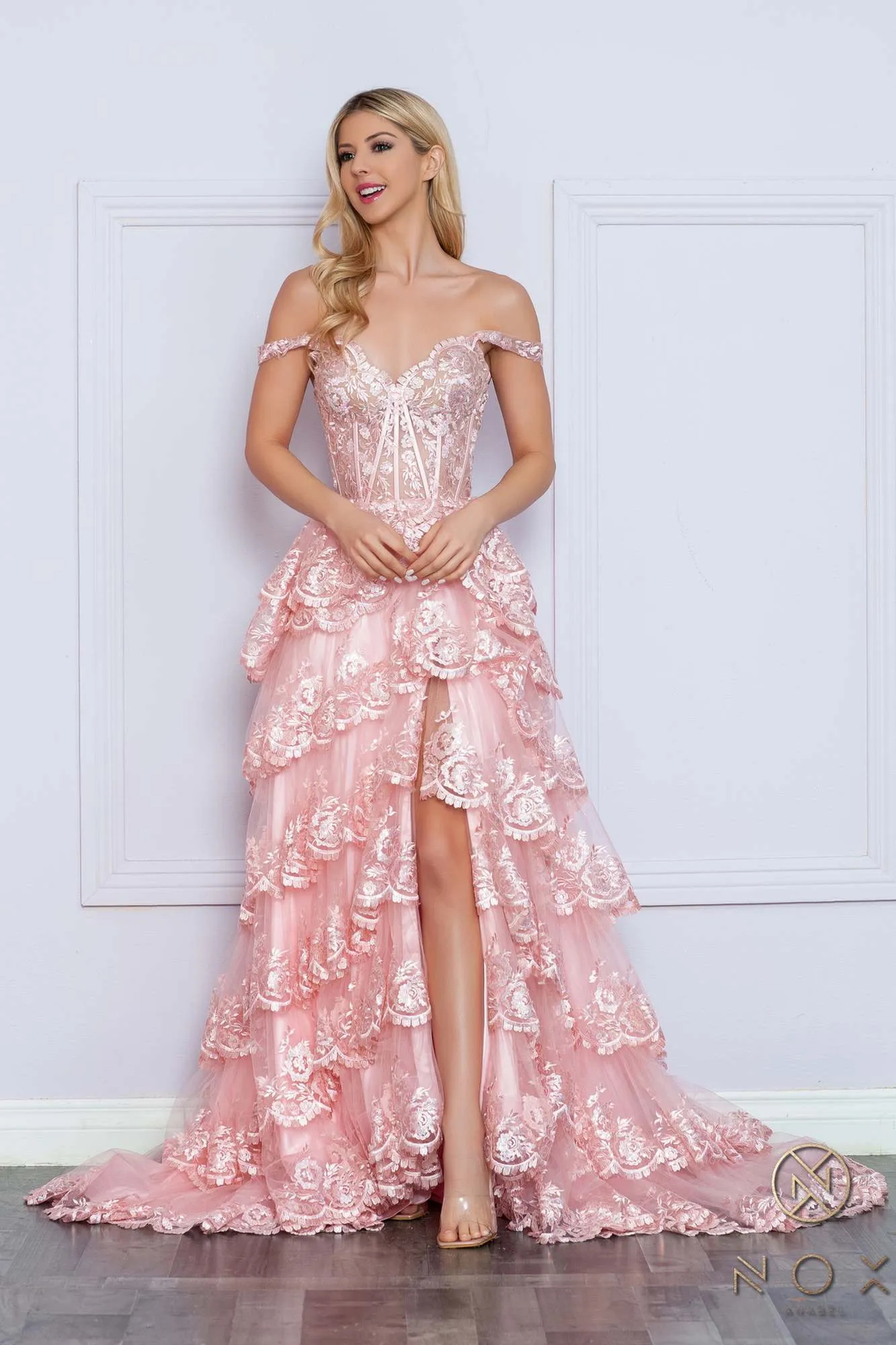 Nox Anabel R1299 Long Off the Shoulder Tiered Skirt A-Line Formal Gown