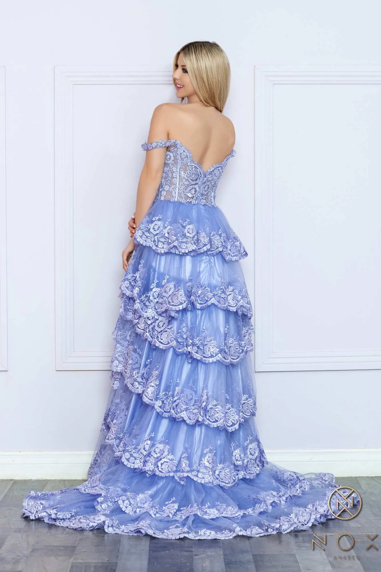 Nox Anabel R1299 Long Off the Shoulder Tiered Skirt A-Line Formal Gown