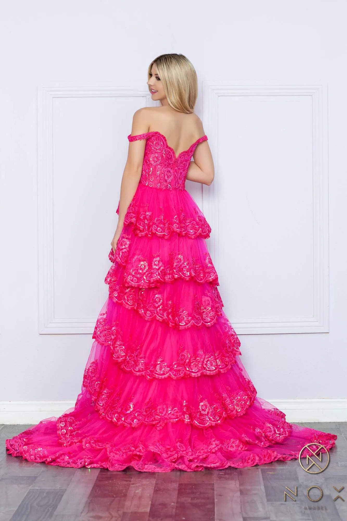 Nox Anabel R1299 Long Off the Shoulder Tiered Skirt A-Line Formal Gown
