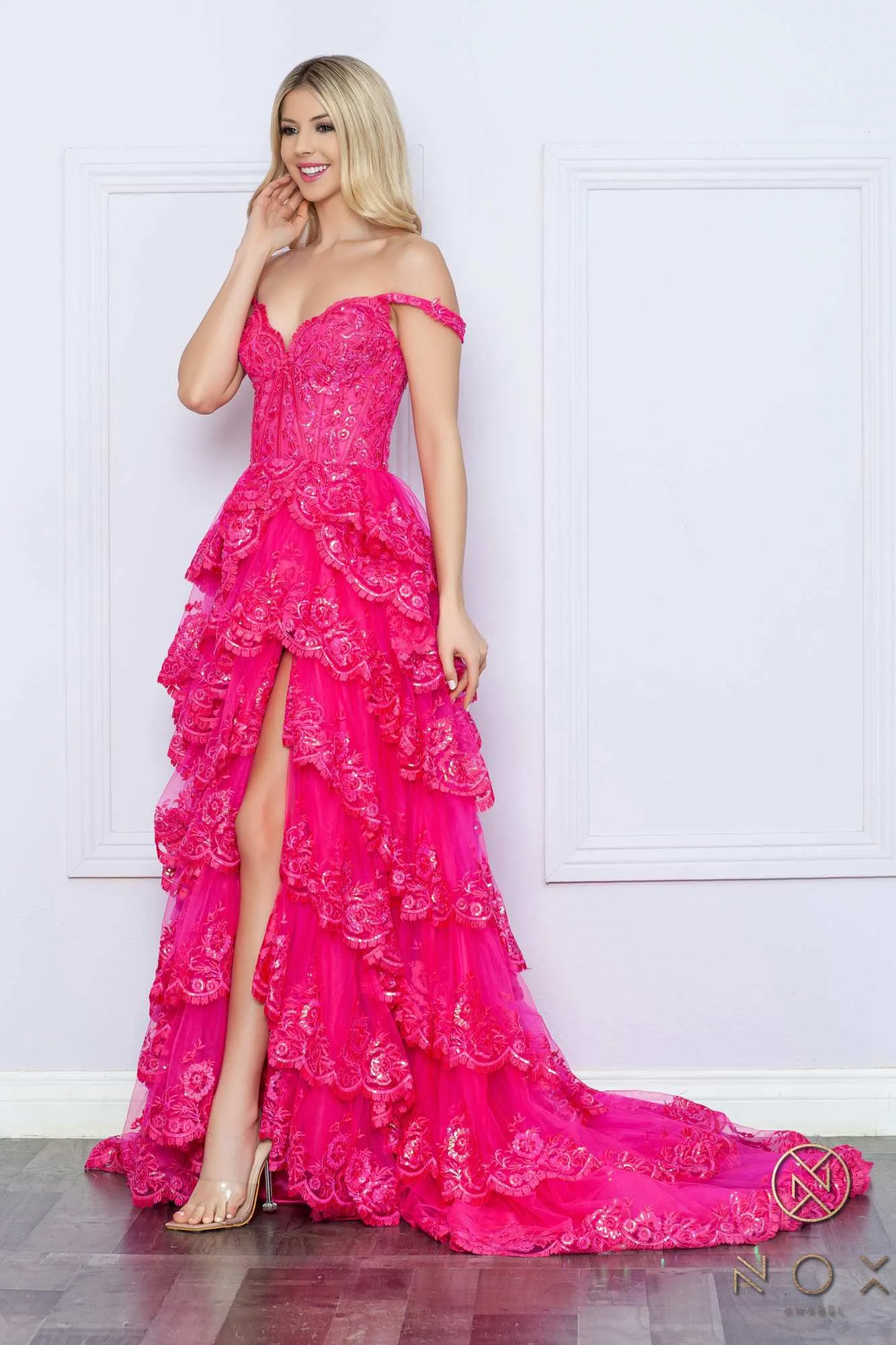 Nox Anabel R1299 Long Off the Shoulder Tiered Skirt A-Line Formal Gown