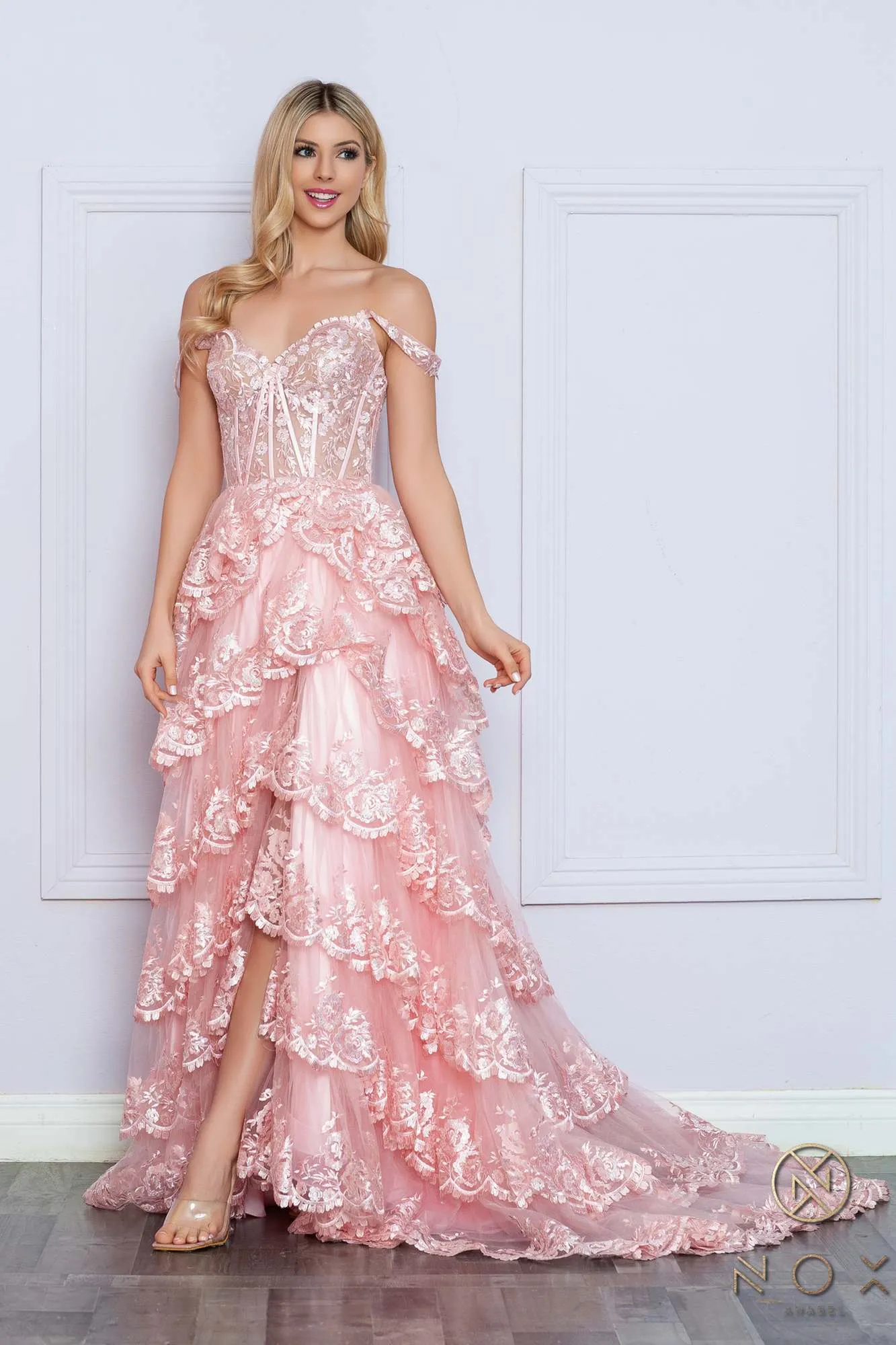 Nox Anabel R1299 Long Off the Shoulder Tiered Skirt A-Line Formal Gown