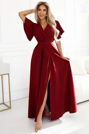 Numocov Burgundy Elegant Side Slit Formal Dress