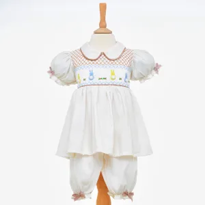 Ocean Baby Girls Cream/Pale Lemon Smocked Bunny Themed Pyjamas (3M-6Yrs) Pjs