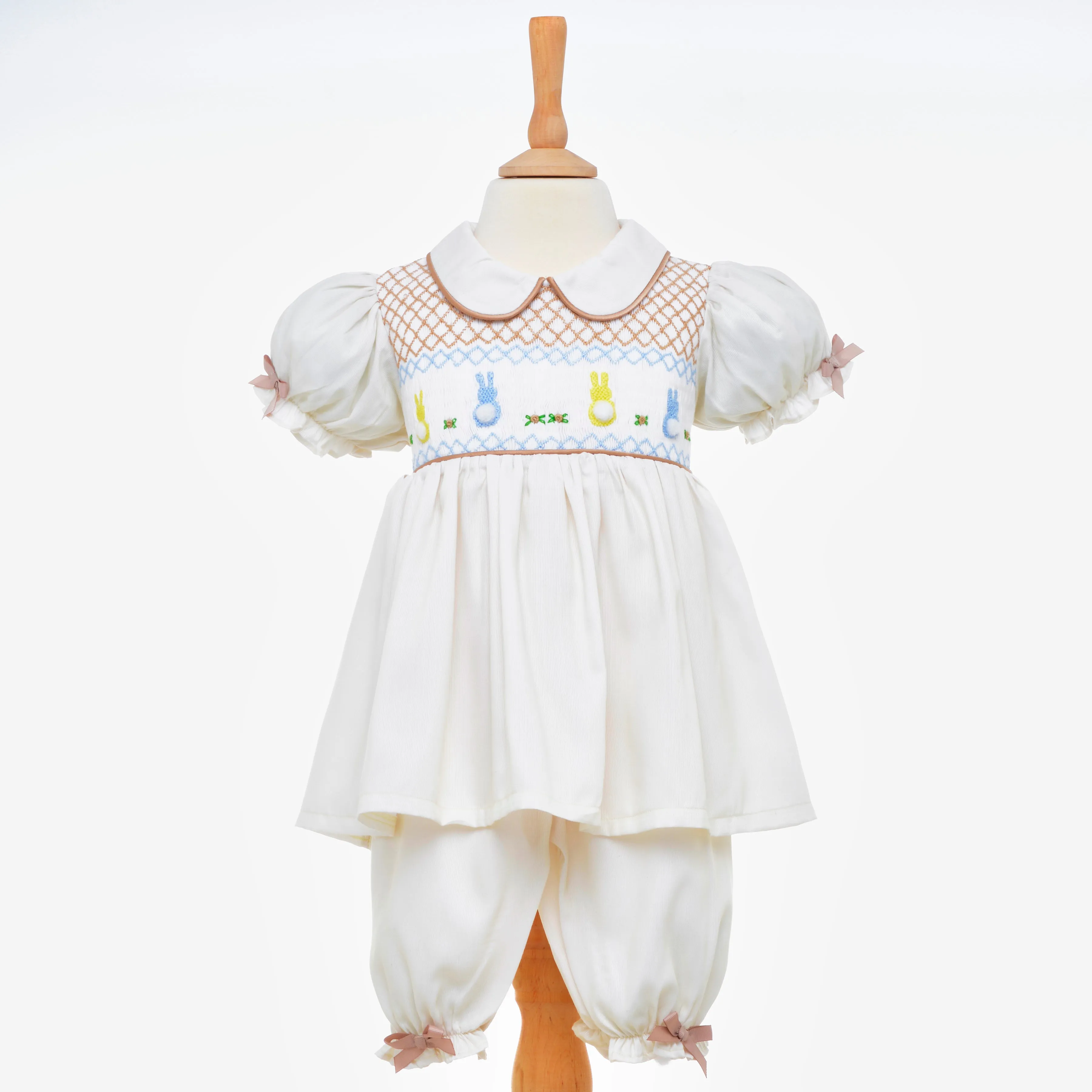 Ocean Baby Girls Cream/Pale Lemon Smocked Bunny Themed Pyjamas (3M-6Yrs) Pjs