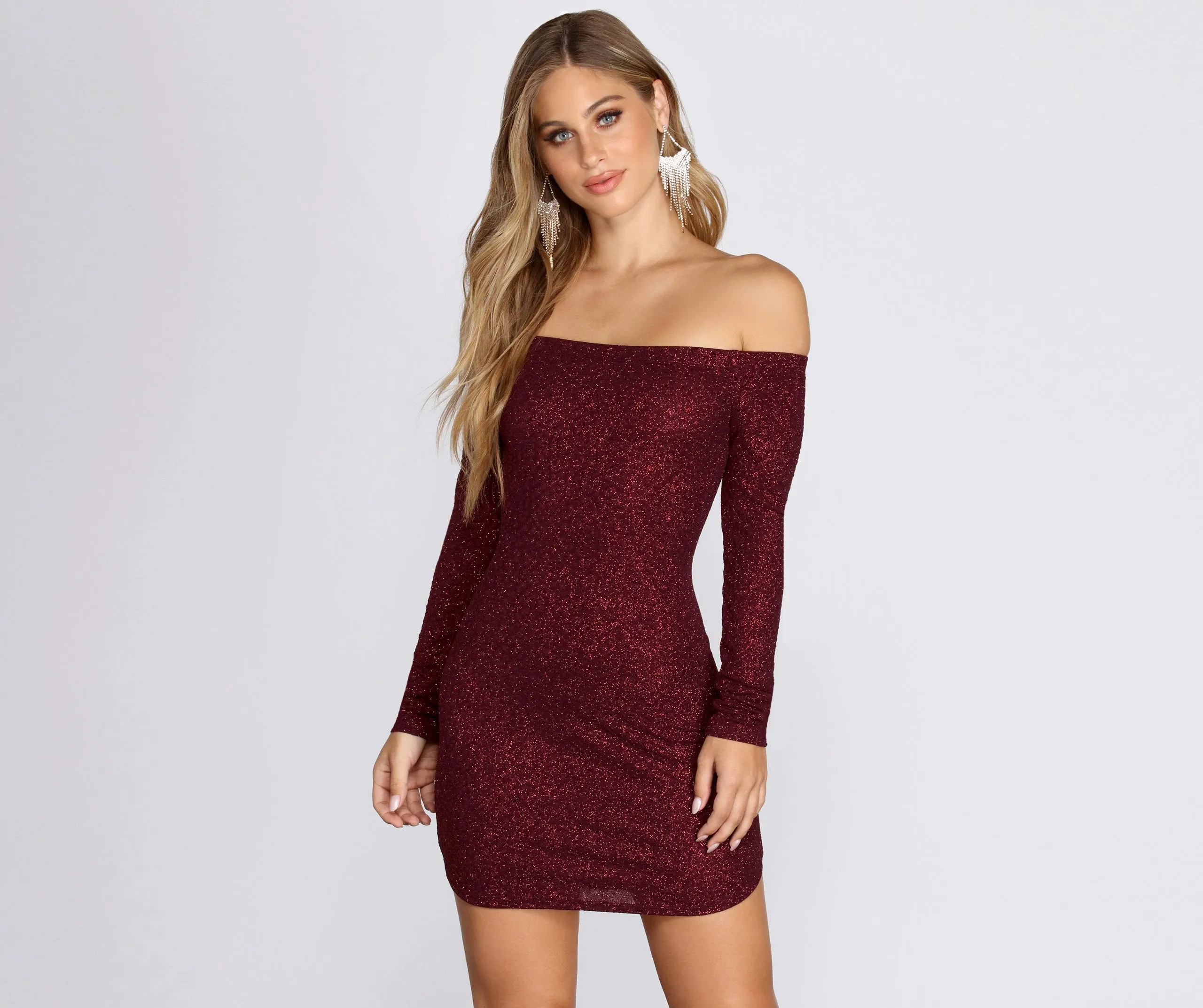 Off Shoulder Long Charming Sleeve Glittering Mini Dress