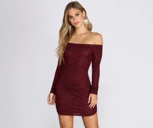 Off Shoulder Long Charming Sleeve Glittering Mini Dress