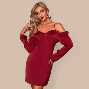 Off-Shoulder Mini Dress with Long Sleeves and Solid Print