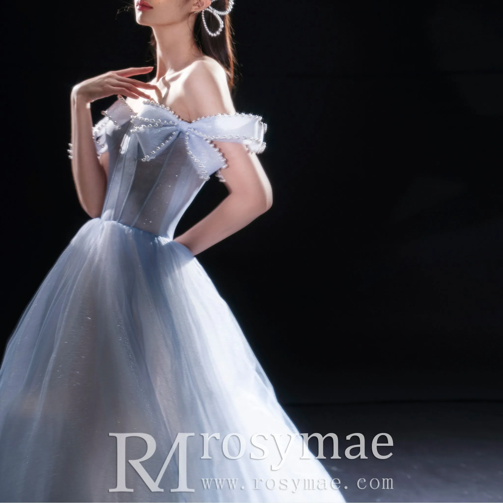 Off the Shoulder A-line Baby Blue Prom Gown Party Dress with Bowknot