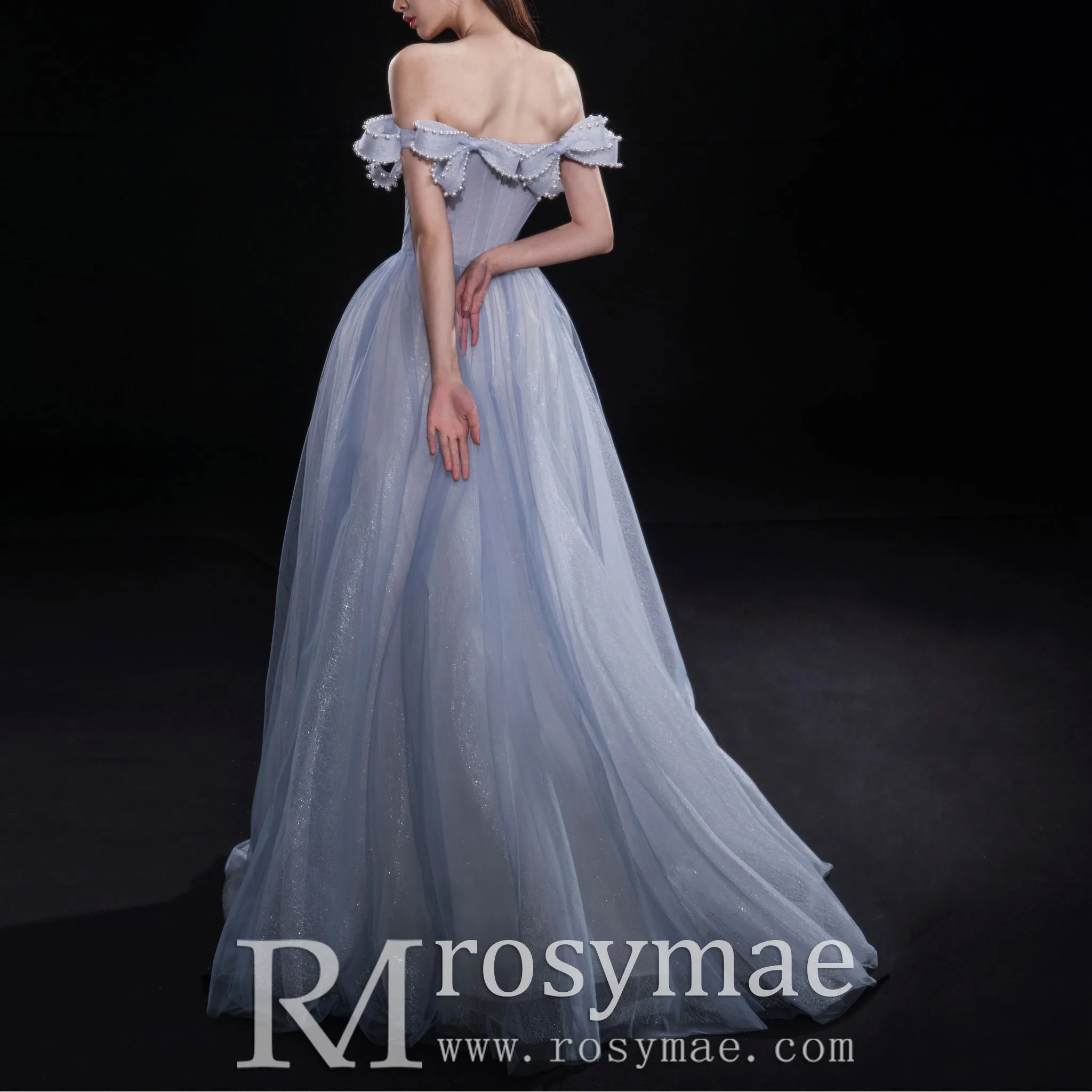 Off the Shoulder A-line Baby Blue Prom Gown Party Dress with Bowknot