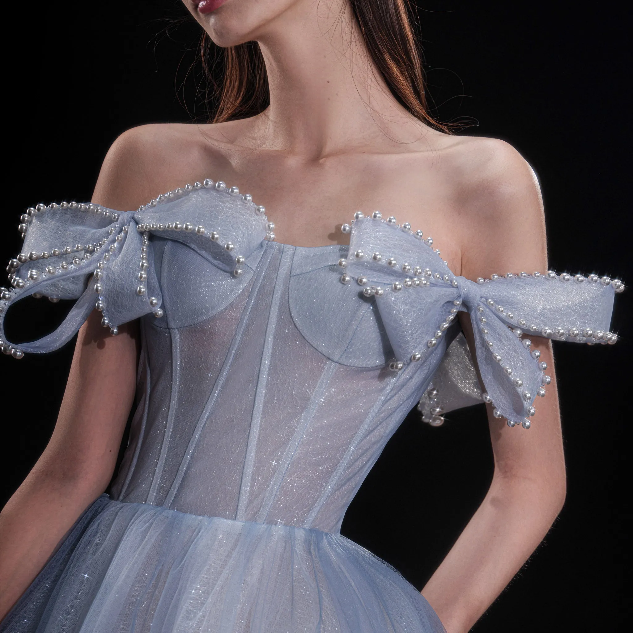 Off the Shoulder A-line Baby Blue Prom Gown Party Dress with Bowknot