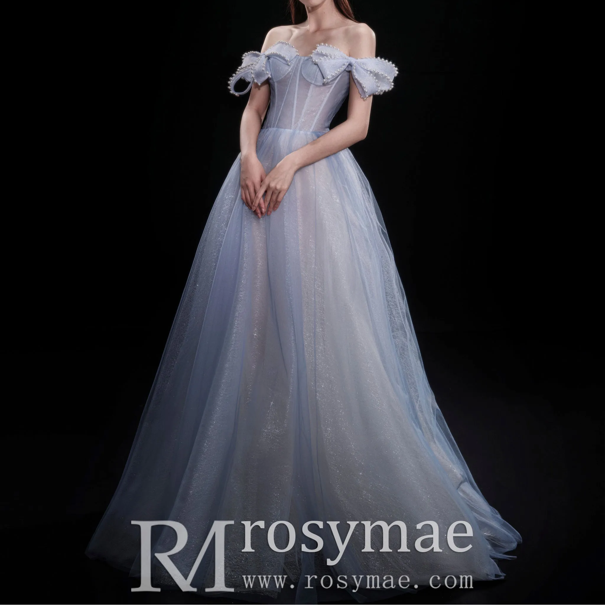 Off the Shoulder A-line Baby Blue Prom Gown Party Dress with Bowknot