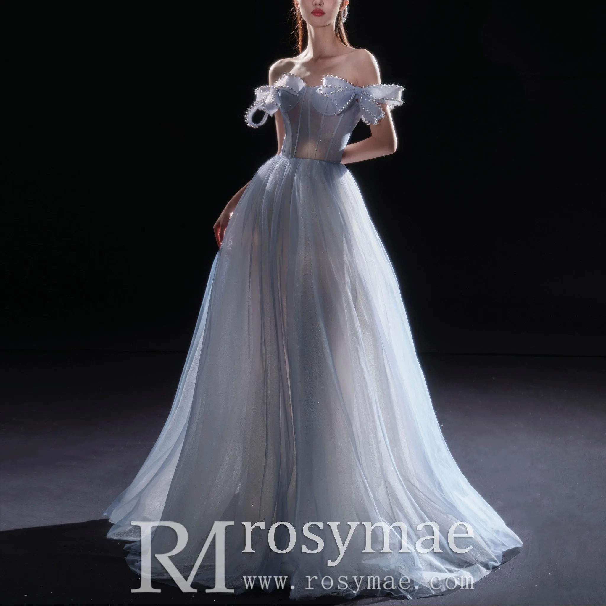Off the Shoulder A-line Baby Blue Prom Gown Party Dress with Bowknot