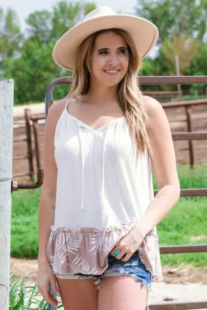 Off White and Mocha Palm Print Trim Tank
