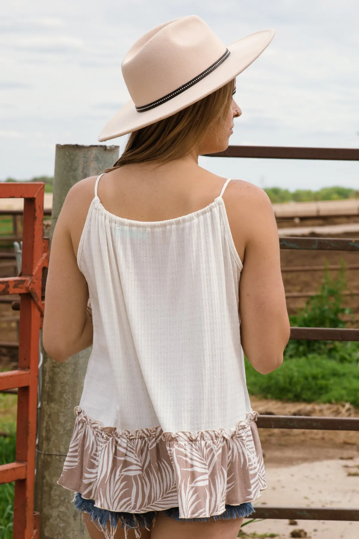 Off White and Mocha Palm Print Trim Tank