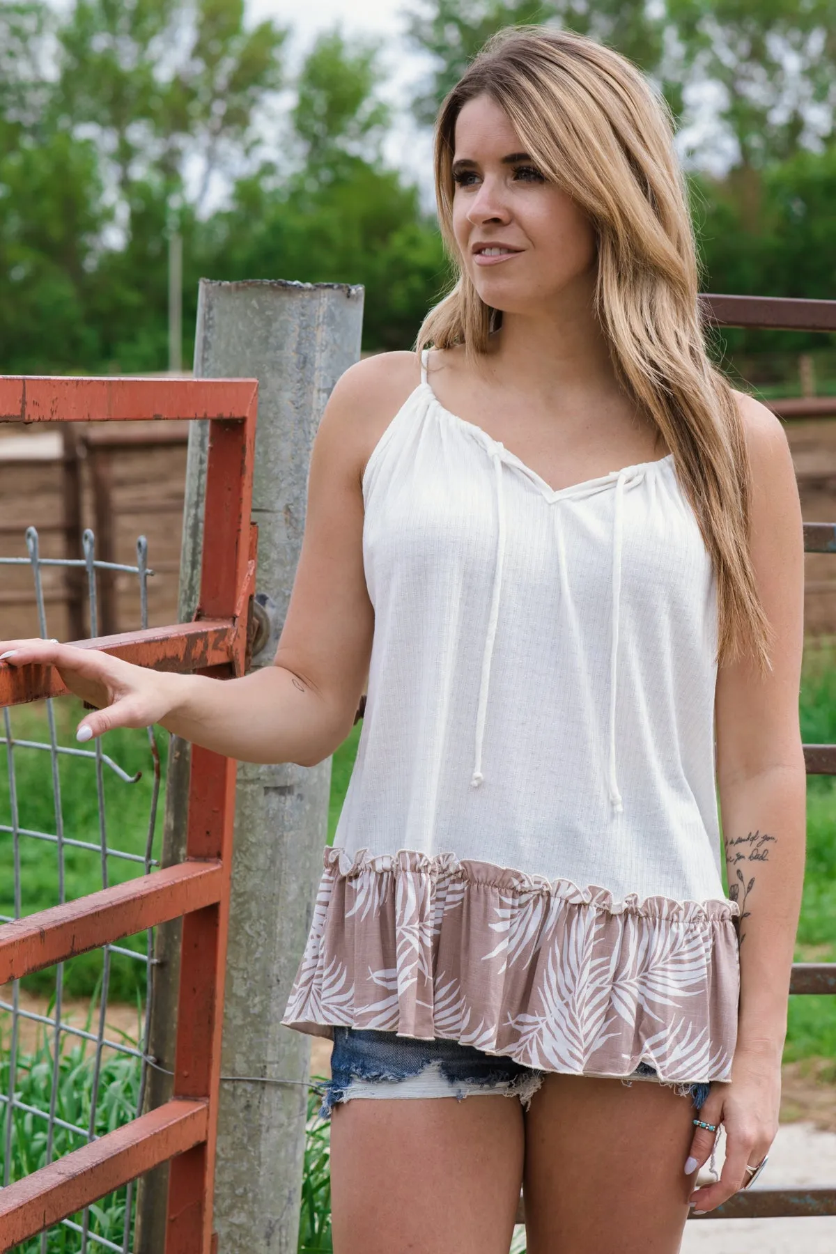 Off White and Mocha Palm Print Trim Tank
