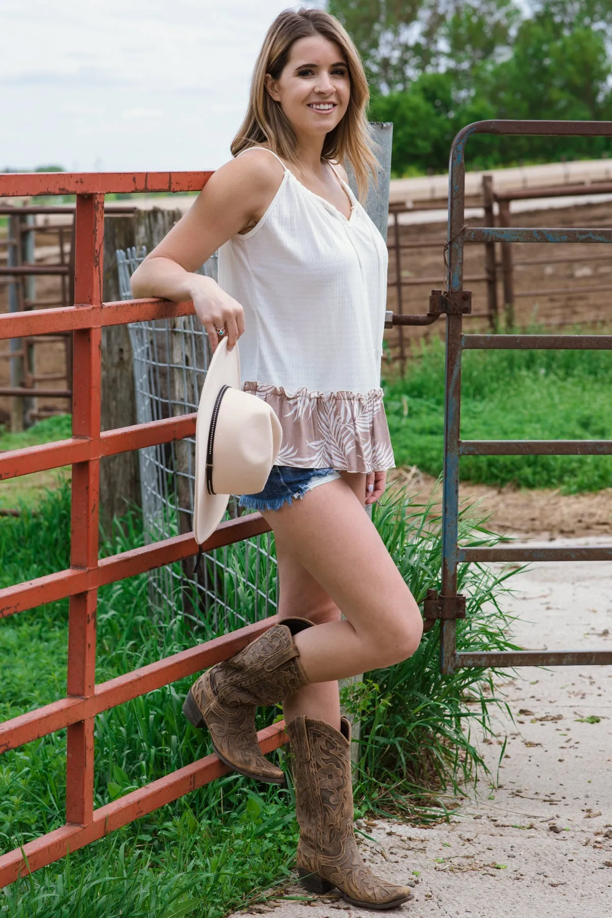 Off White and Mocha Palm Print Trim Tank