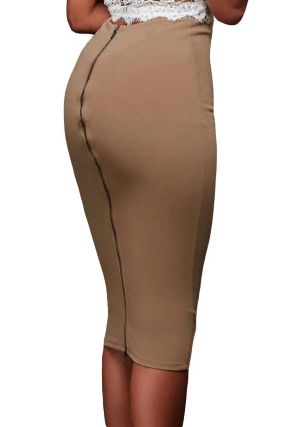 Office Women Women Pencil Skirts Black White Hollow Out Gold Chain Slit Midi Skirt