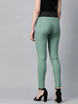 Olive High Waist Show Elastic Striped Jeggings