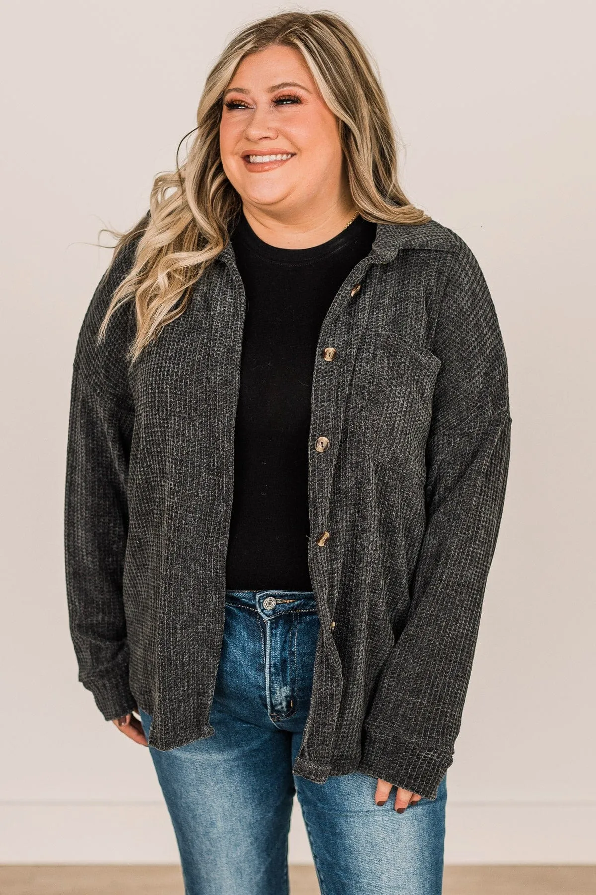 One Step Ahead Knit Button Top- Charcoal