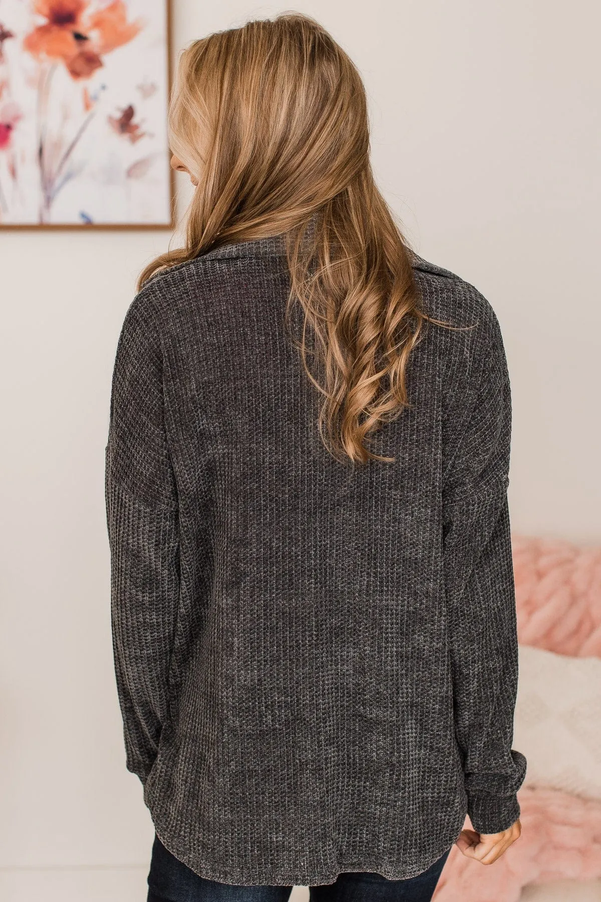 One Step Ahead Knit Button Top- Charcoal
