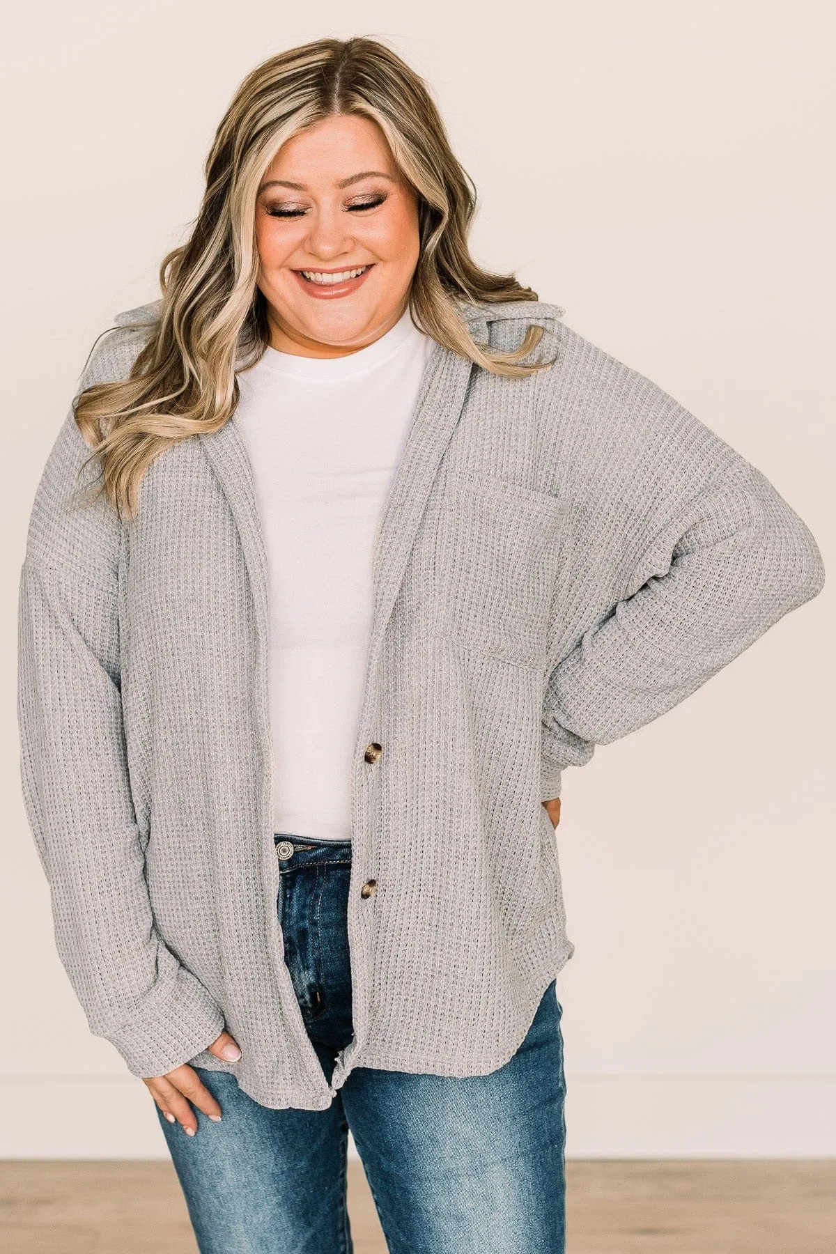 One Step Ahead Knit Button Top- Light Grey