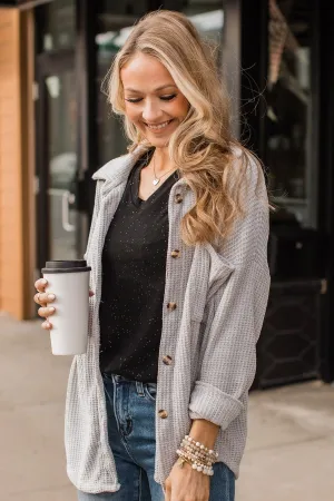 One Step Ahead Knit Button Top- Light Grey