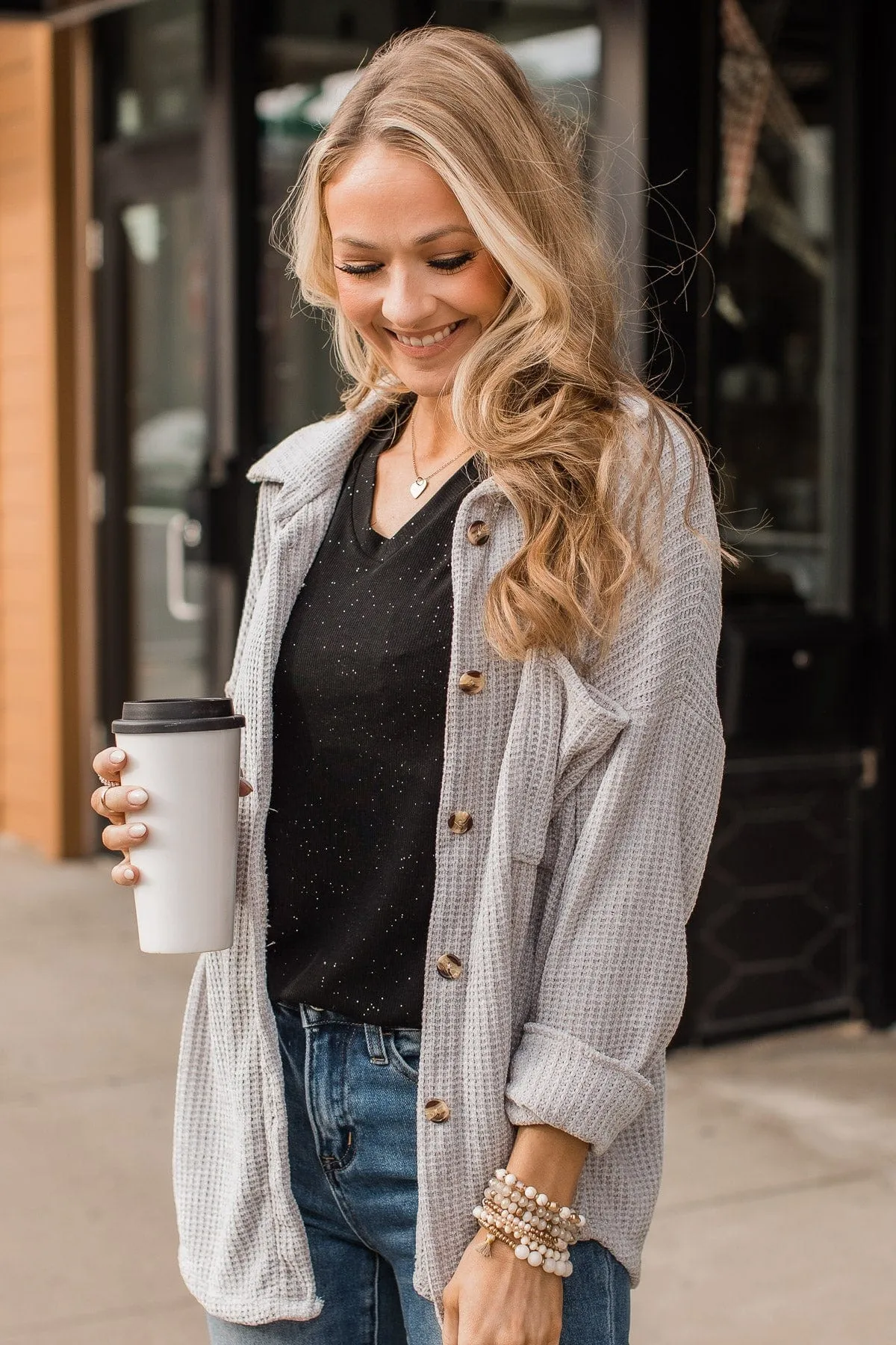 One Step Ahead Knit Button Top- Light Grey