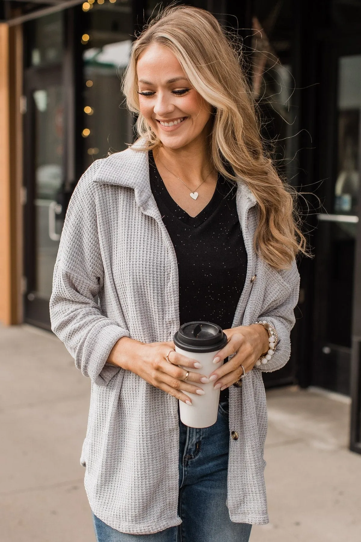 One Step Ahead Knit Button Top- Light Grey