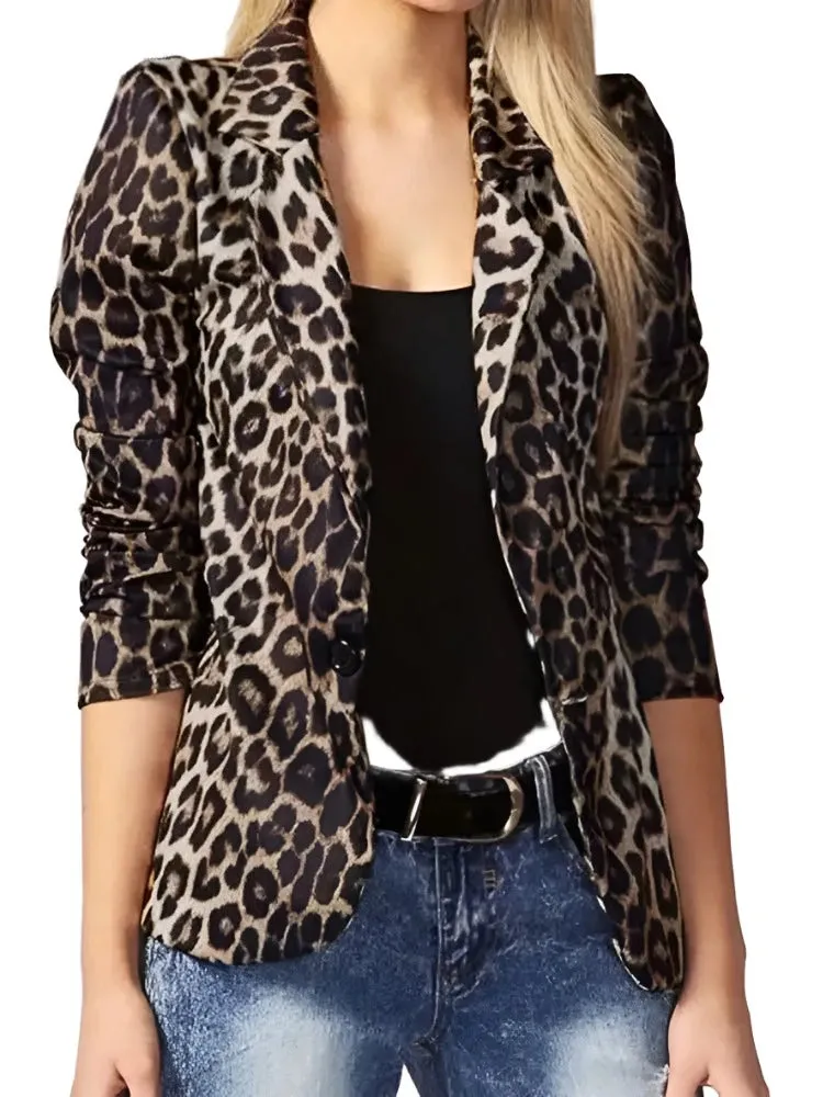 Oversized Button Up Outwears Women OL Blazer Fashion Ladies Office Suits Leopard Lapel Coats
