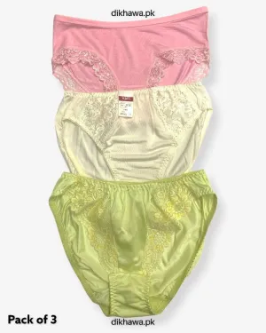 Pack of 3 Imported Stocklot Branded Net Panty With Silk Mid Waist Hipster Panty With Lace Panty