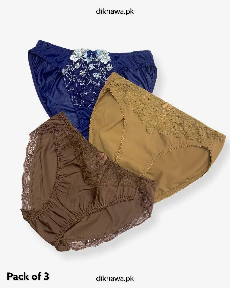 Pack of 3 Imported Stocklot Branded Net Panty With Silk Mid Waist Hipster Panty With Lace Panty