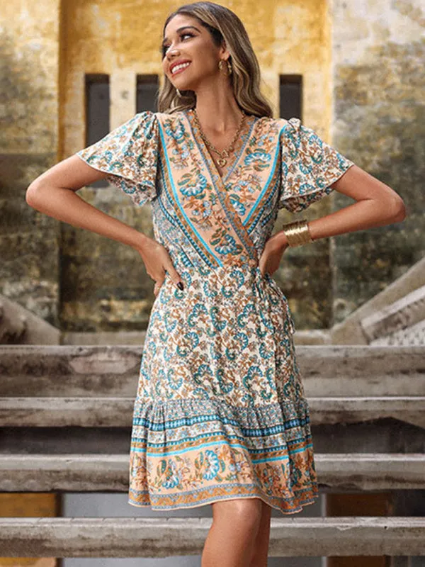 Paisley Print Boho Wrap Dress with Flutter Sleeves