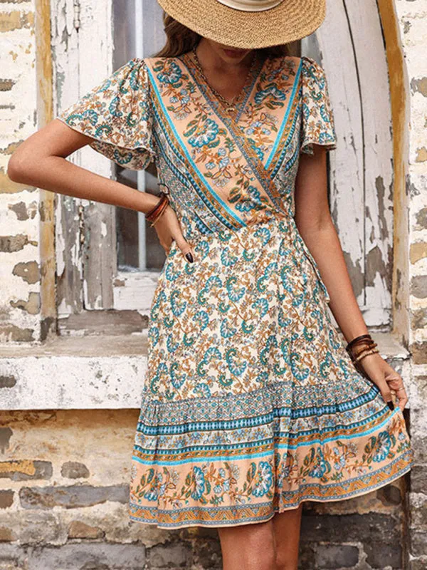 Paisley Print Boho Wrap Dress with Flutter Sleeves
