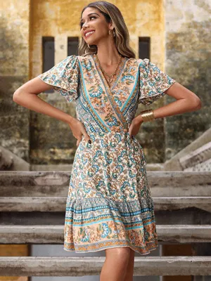 Paisley Print Boho Wrap Dress with Flutter Sleeves