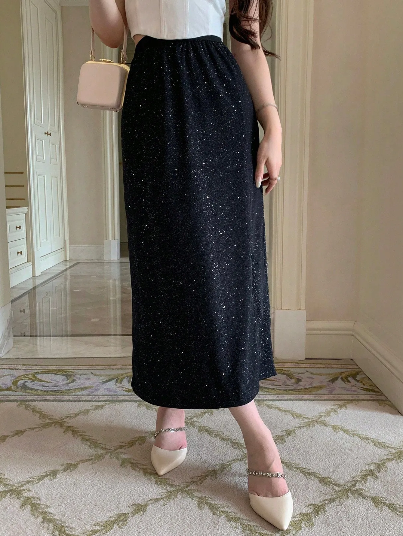 Parien Solid Split Thigh Glitter Skirt