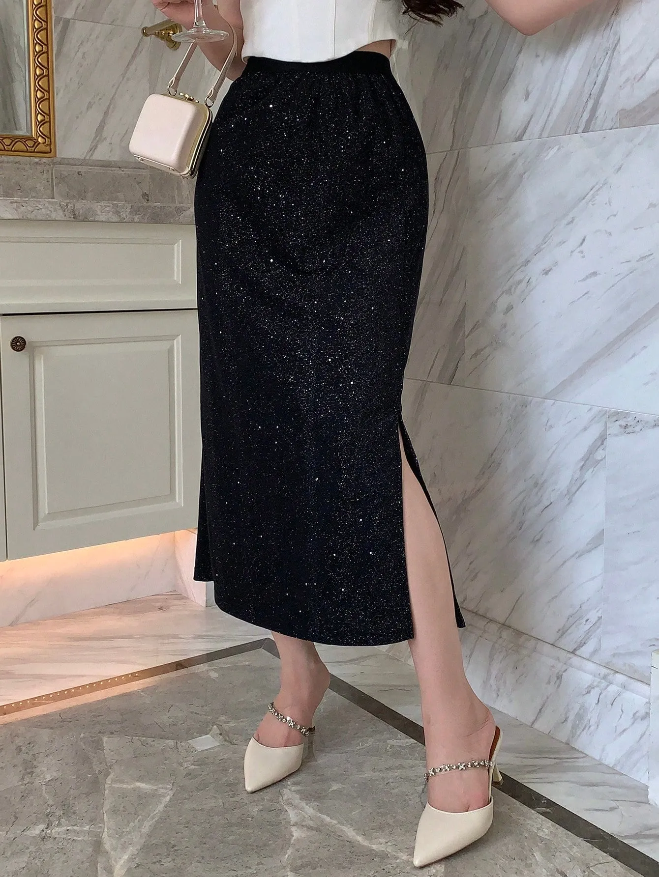 Parien Solid Split Thigh Glitter Skirt
