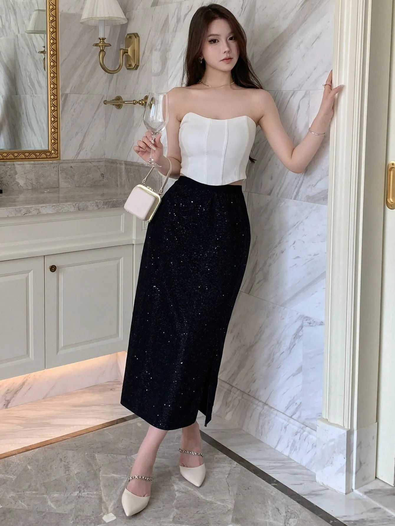 Parien Solid Split Thigh Glitter Skirt