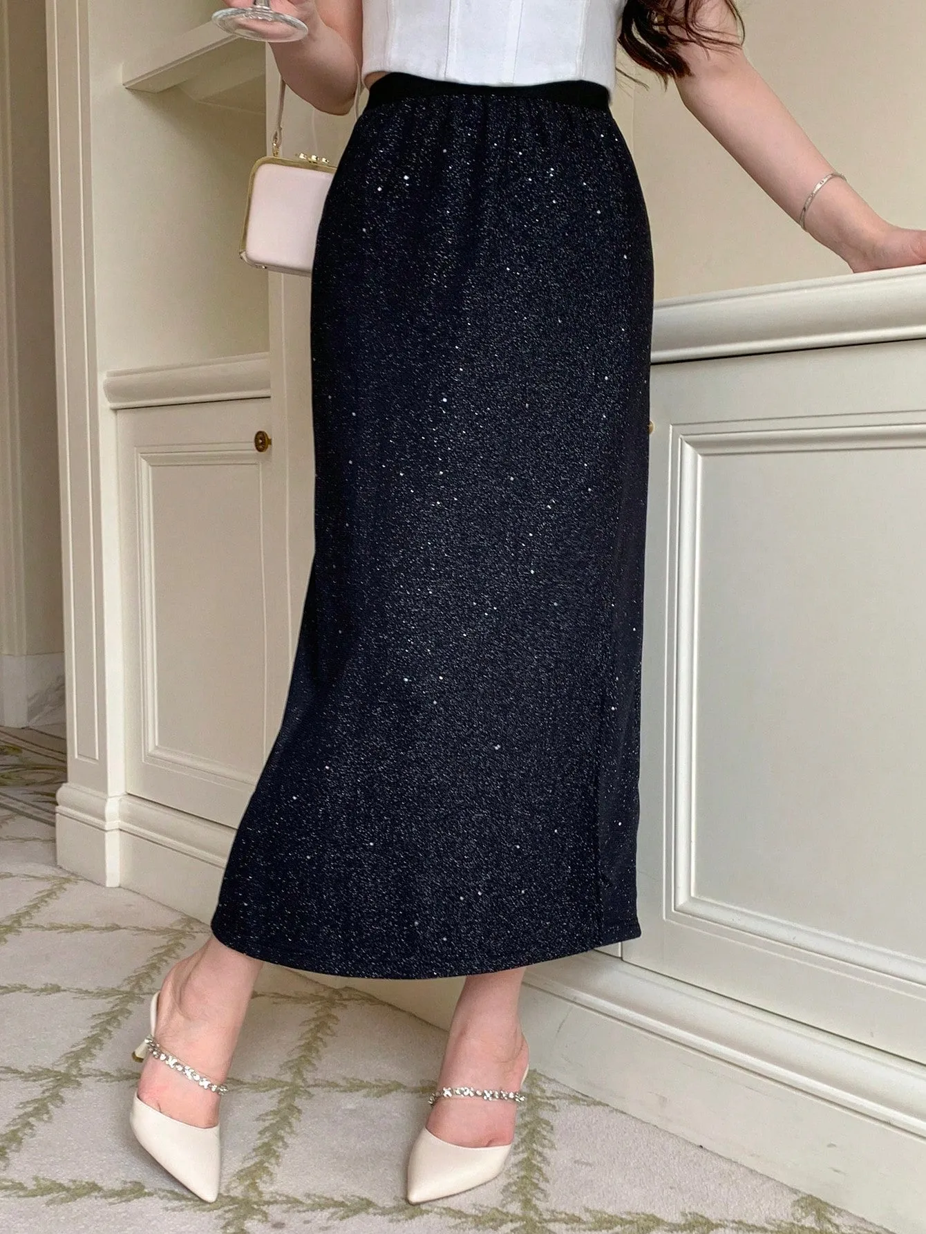 Parien Solid Split Thigh Glitter Skirt