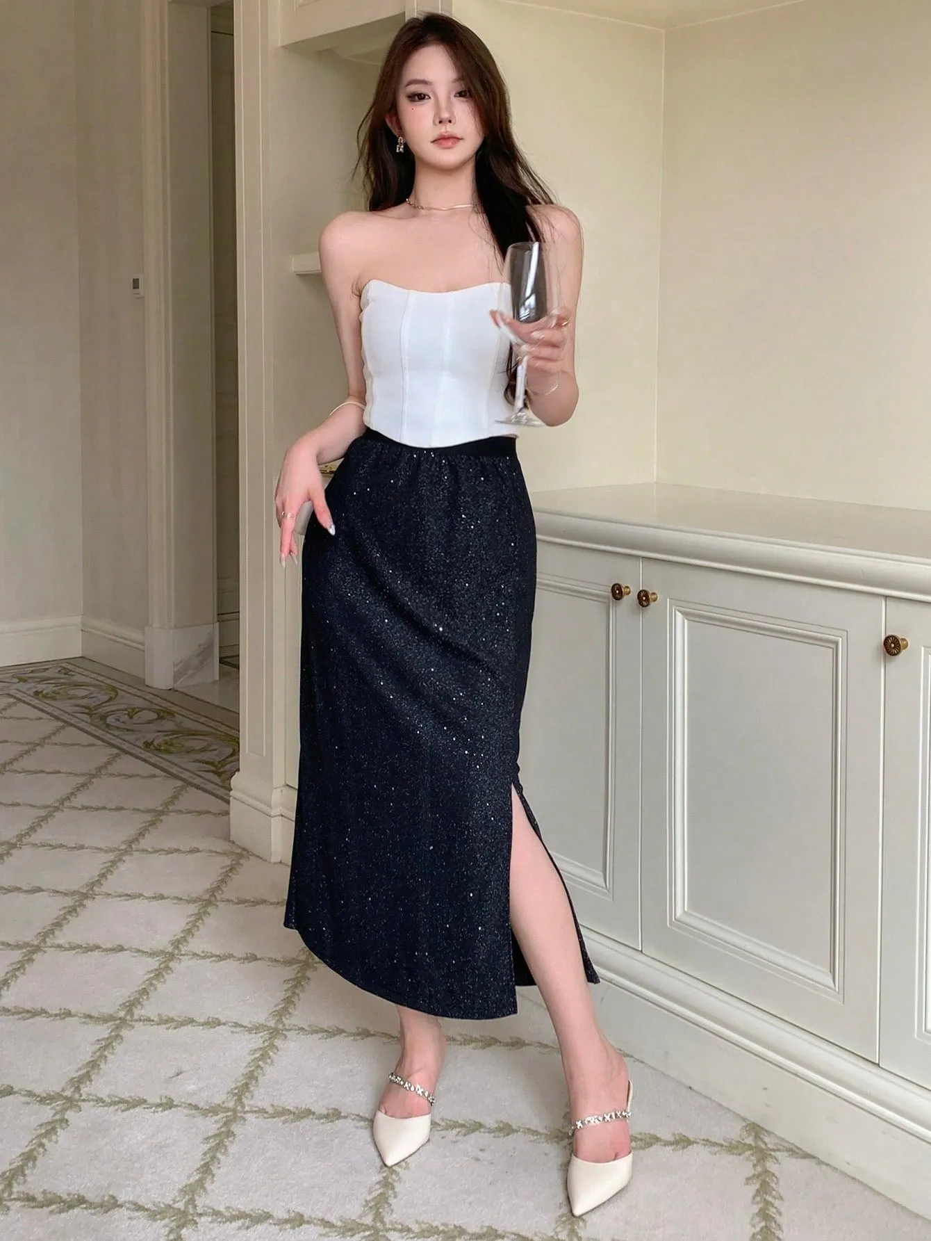 Parien Solid Split Thigh Glitter Skirt