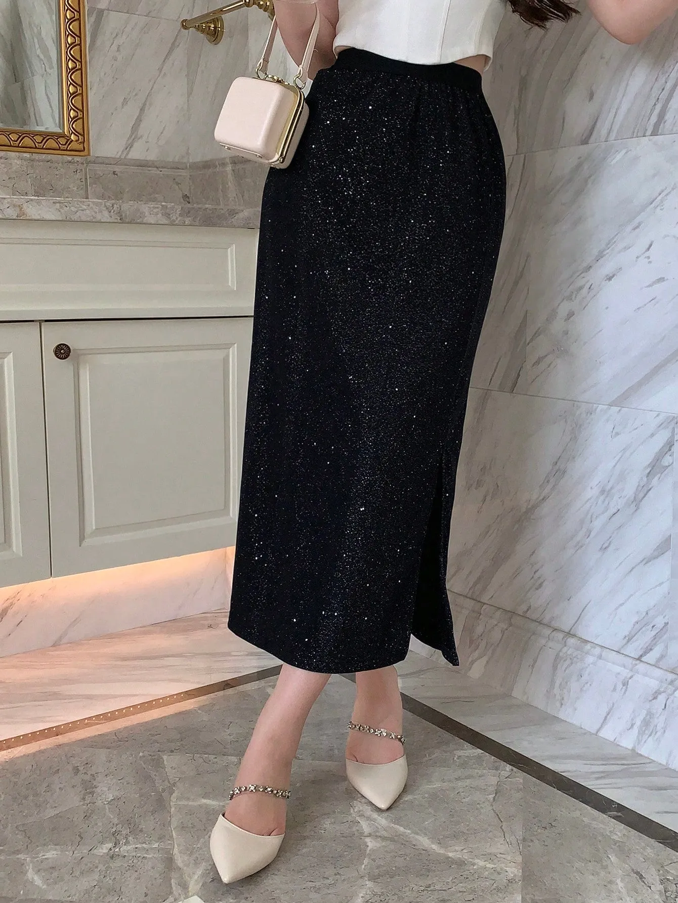 Parien Solid Split Thigh Glitter Skirt
