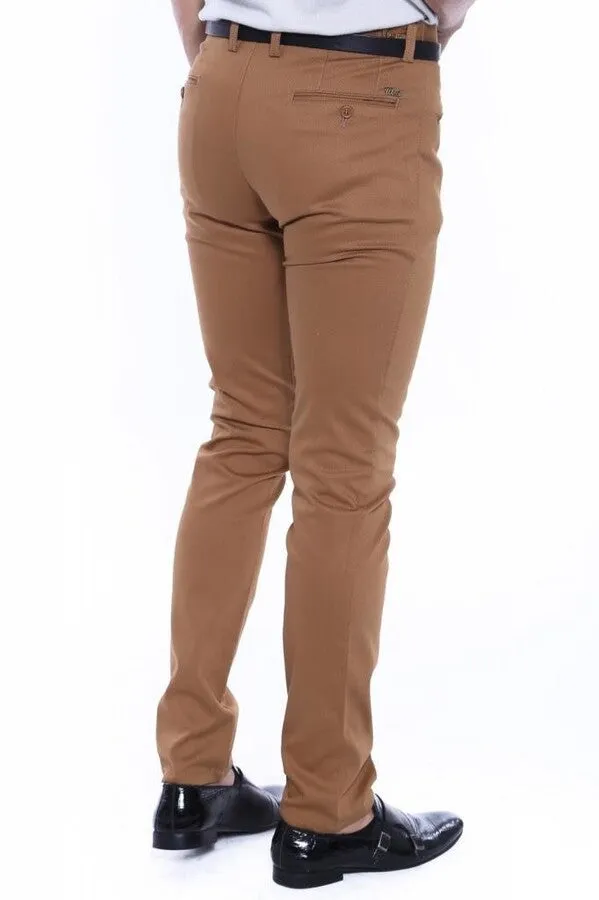 Patterned Slim Fit Cotton Tan Men Pants - Wessi