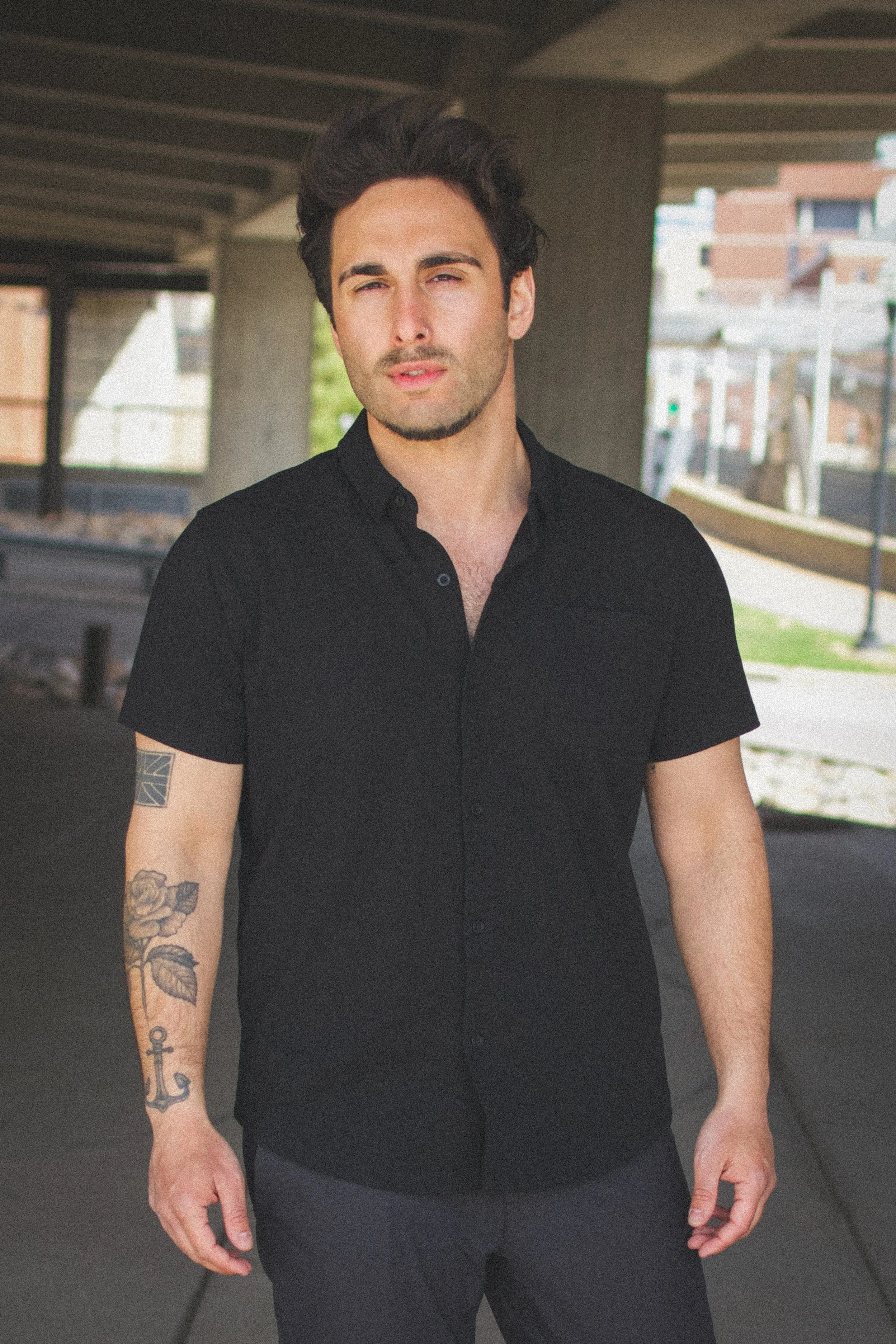 Performance Pique Short Sleeve Button Down Shirt Black