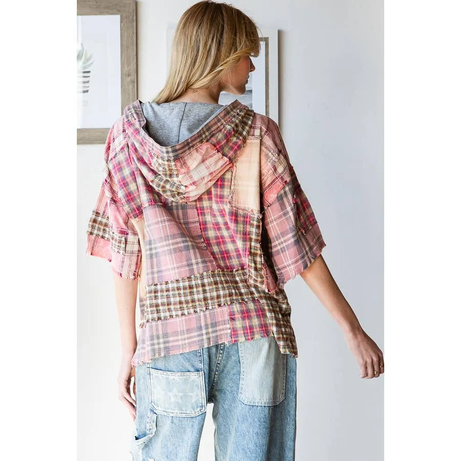 Pink Washed Plaid Mix Button Down Oli Hali Hoodie