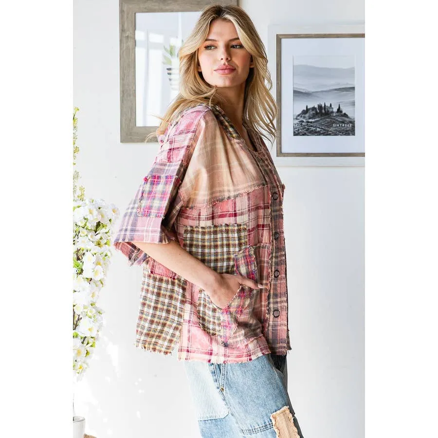 Pink Washed Plaid Mix Button Down Oli Hali Hoodie